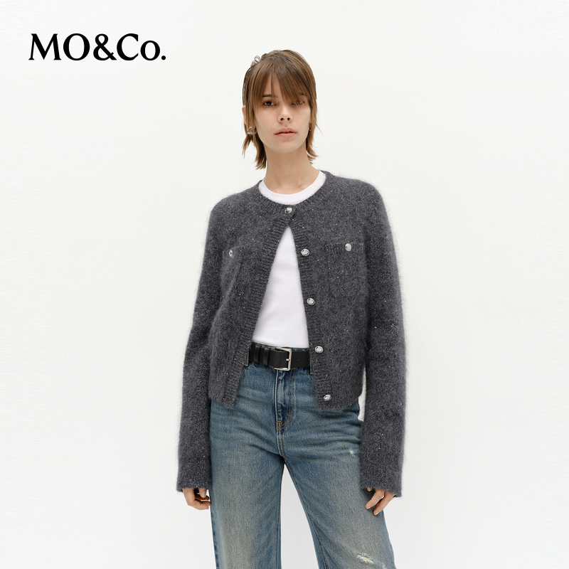 MOCO针织衫开衫2025春新品全手工刷毛马海毛银丝珠片MBE1CAR026