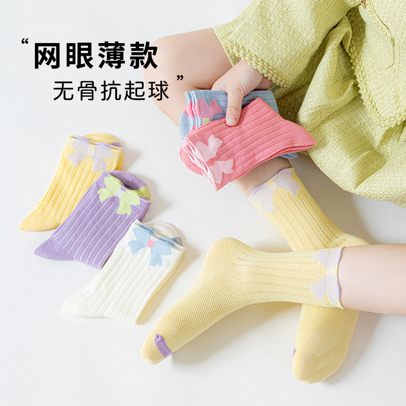 棉74%中筒袜儿童网眼女孩透气蝴蝶结春夏季无骨袜子女棉袜中大童