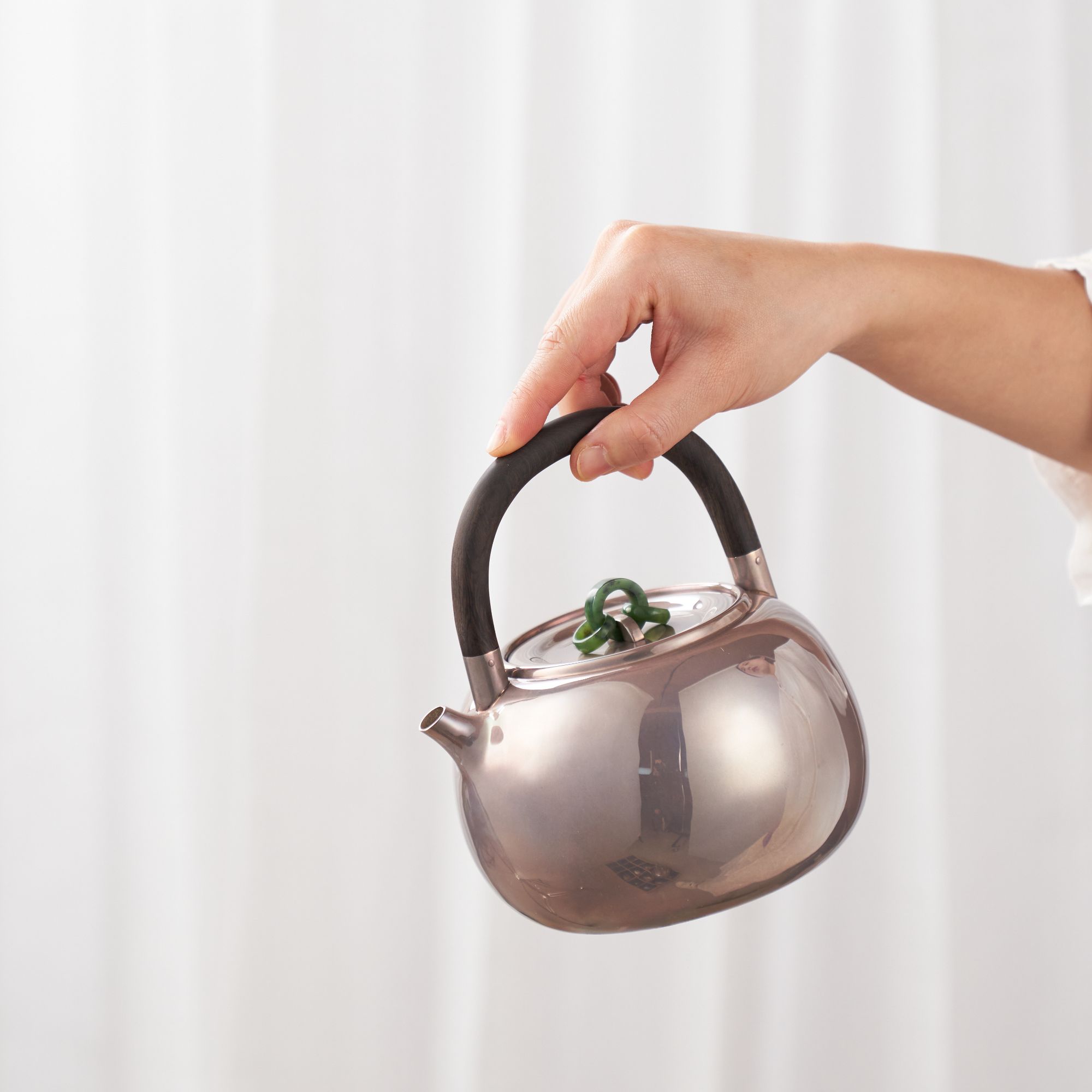 凹盖三环玉摘口打出木提梁足银煮水壶