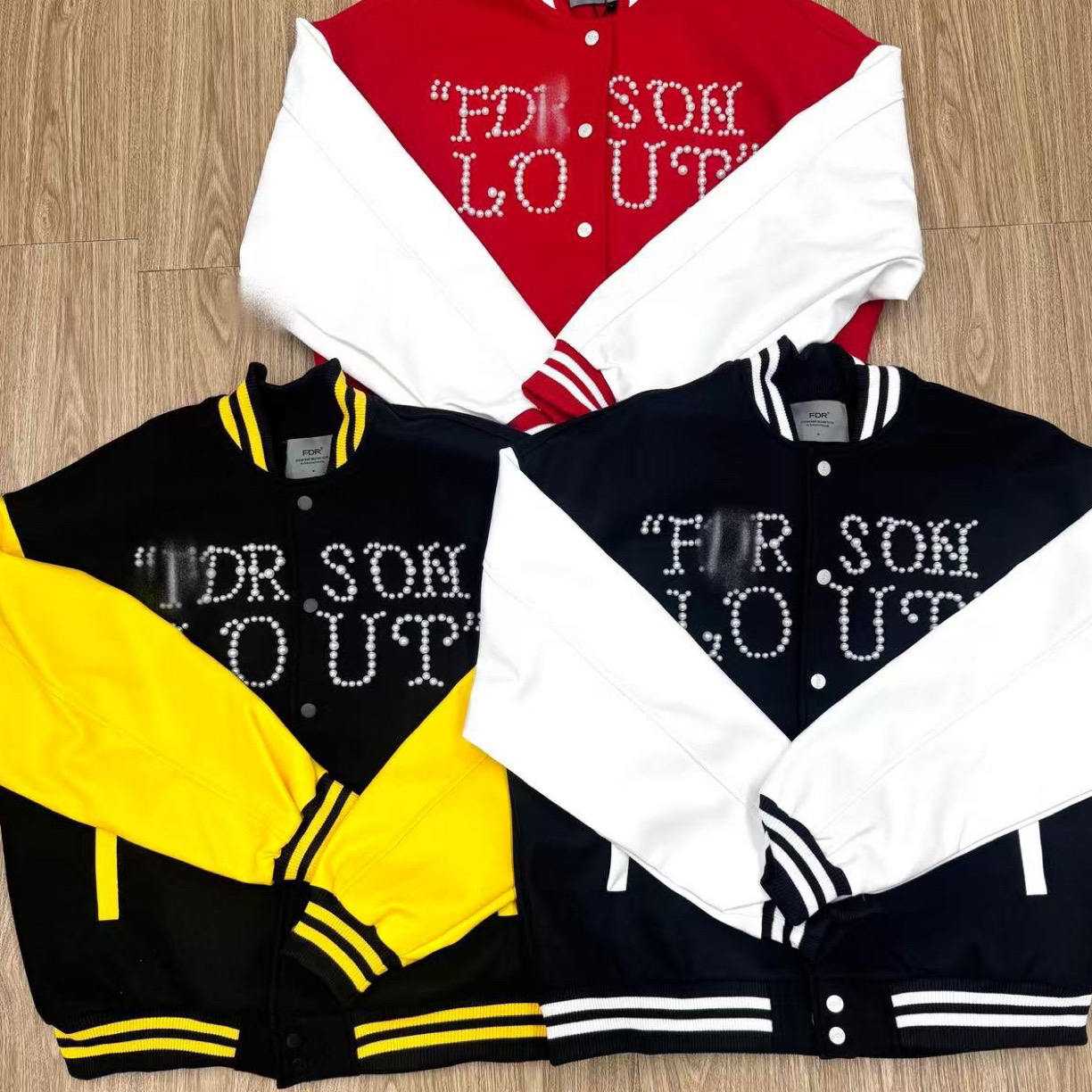 f家珍珠标语字母重磅棒球服夹克