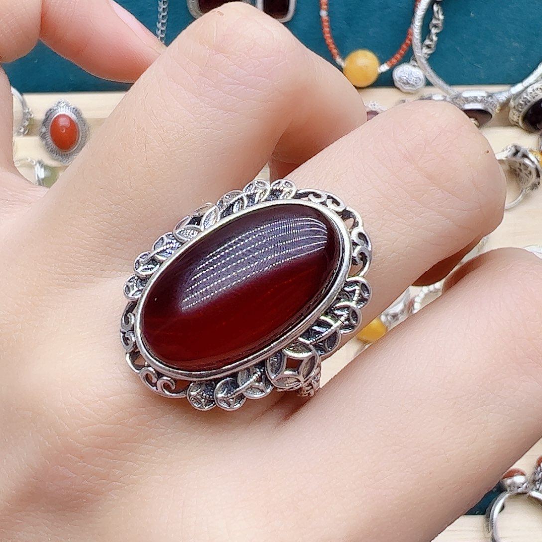 血珀戒指银S925镶嵌天然血珀