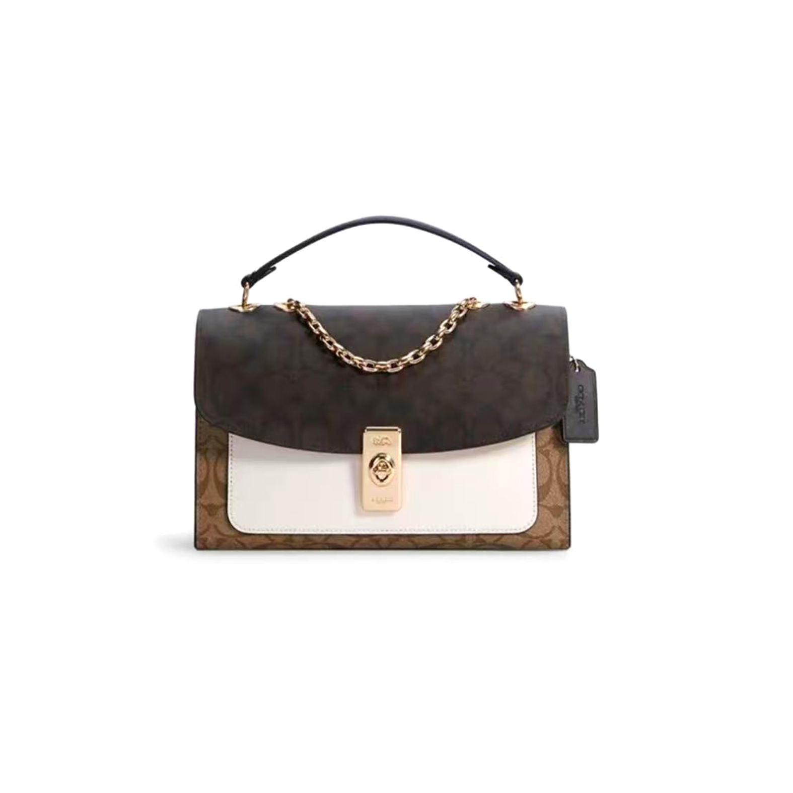 95新 COACH/蔻驰 深棕色老花哈顿扣链条翻盖包/H9684/26X17X10