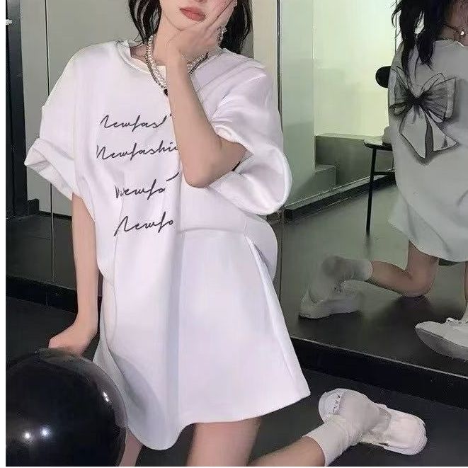 （陈磨磨）大码蝴蝶结中长款宽松大t恤女韩版慵懒风休闲短袖2505