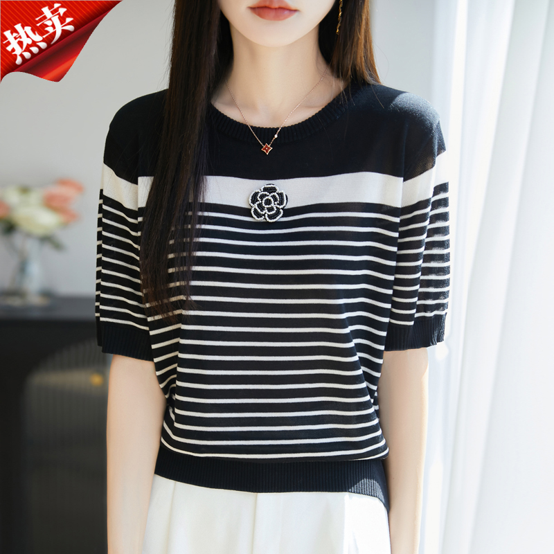 哥弟阿玛施正品条纹黑白撞色短袖针织衫山茶花圆领T恤上衣小衫夏