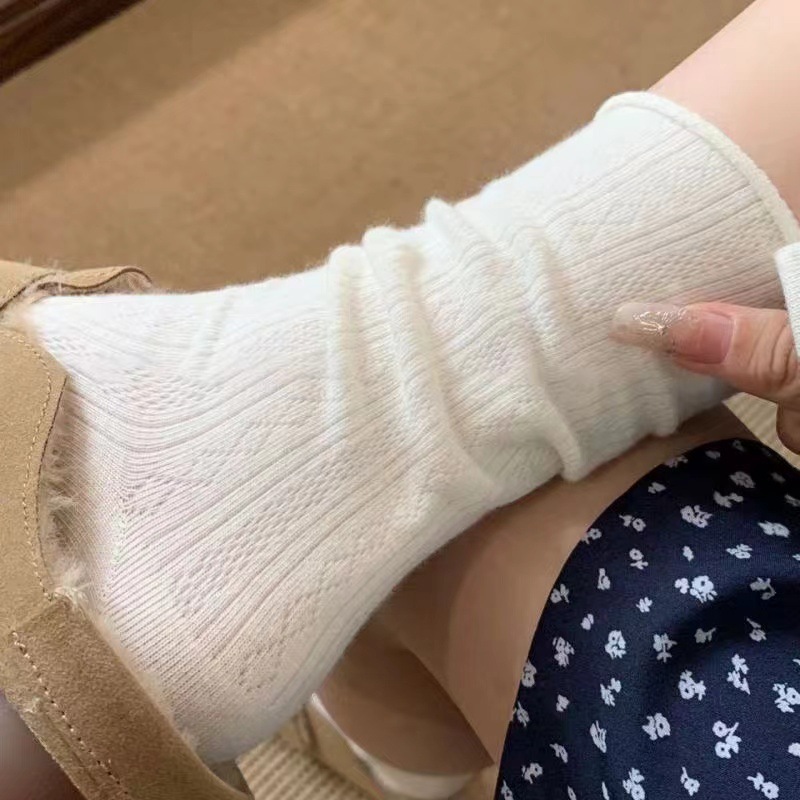 袜子女夏季薄款ins潮奶油系卷边暗纹中筒袜日系jk堆堆袜透气短袜