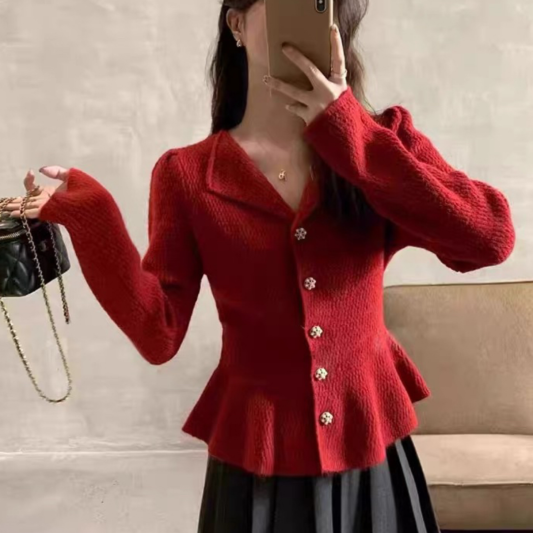 【海南肉丝】过年小香风毛衣收腰显瘦V领针织衫