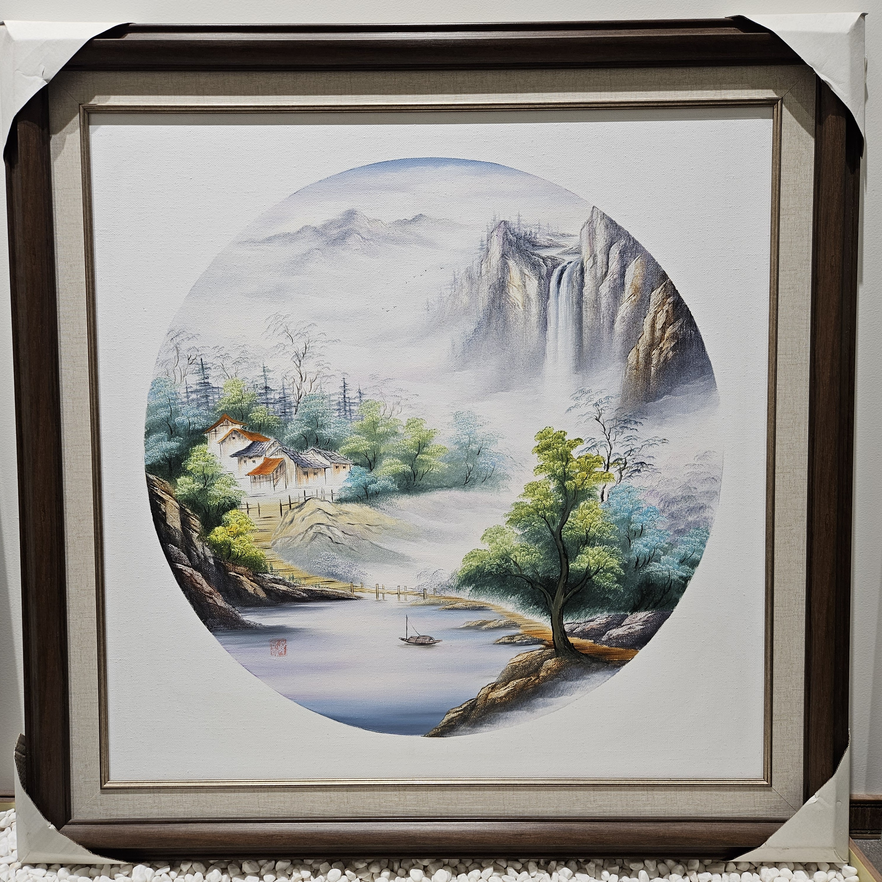 手绘油画 中式山水 外框87*87厘米
