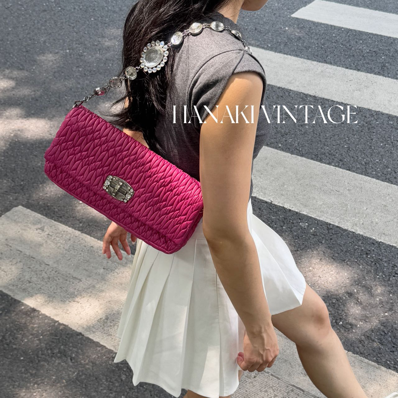 95新 MIU MIU/缪缪 花绮中古/缪缪粉色小号钻石链条单肩包