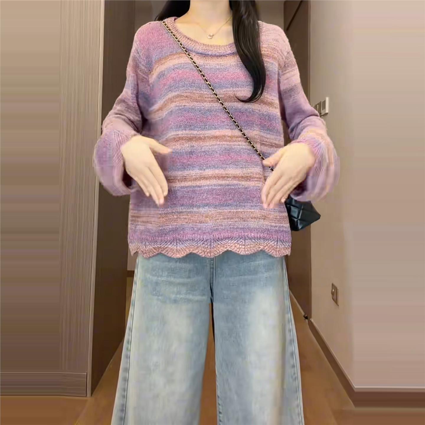 大码紫色条纹圆领长袖毛衣女秋冬胖mm显瘦宽松慵懒套头针织衫上衣