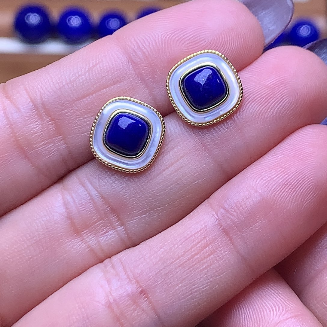 青金石银S925镶嵌耳饰