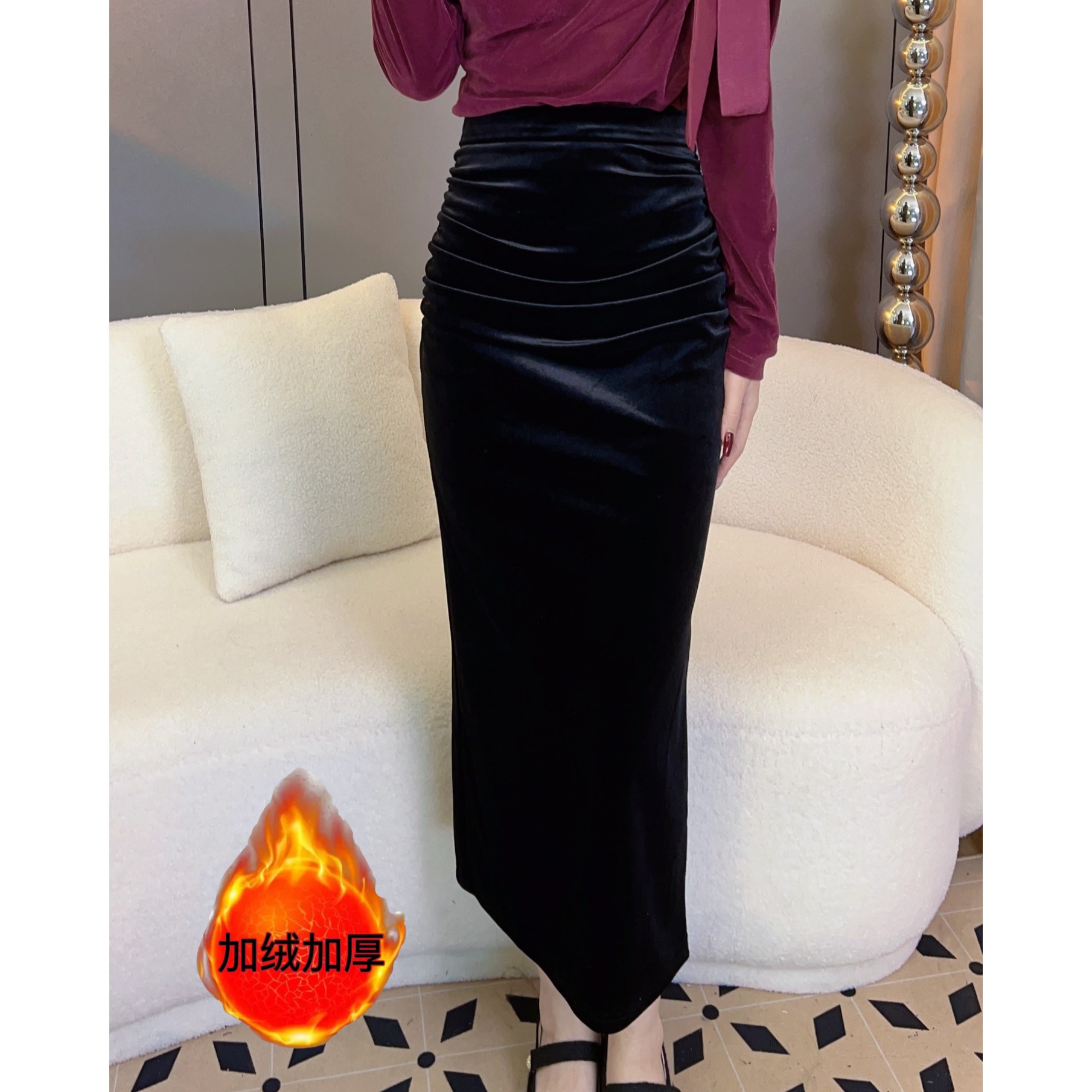 秋冬新款减龄洋气气质丝绒开叉半身裙女中长款高腰修身显瘦裙子