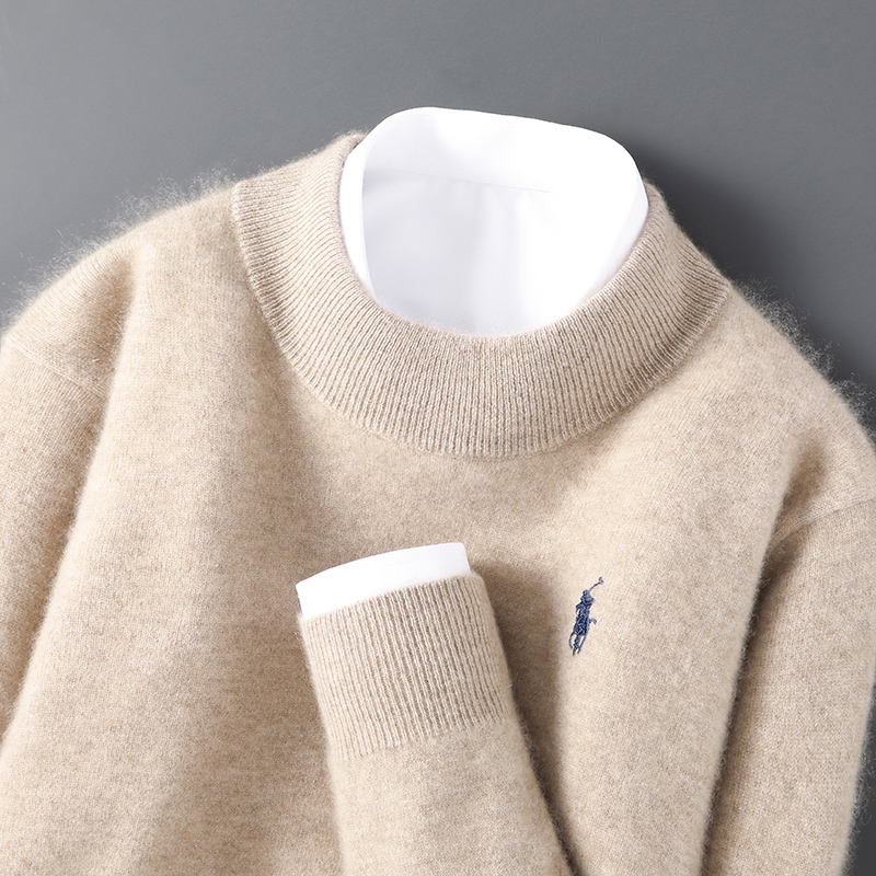 秋冬必备！刺绣纯羊绒衫男半高领宽松套头打底商务纯色针织衫毛衣