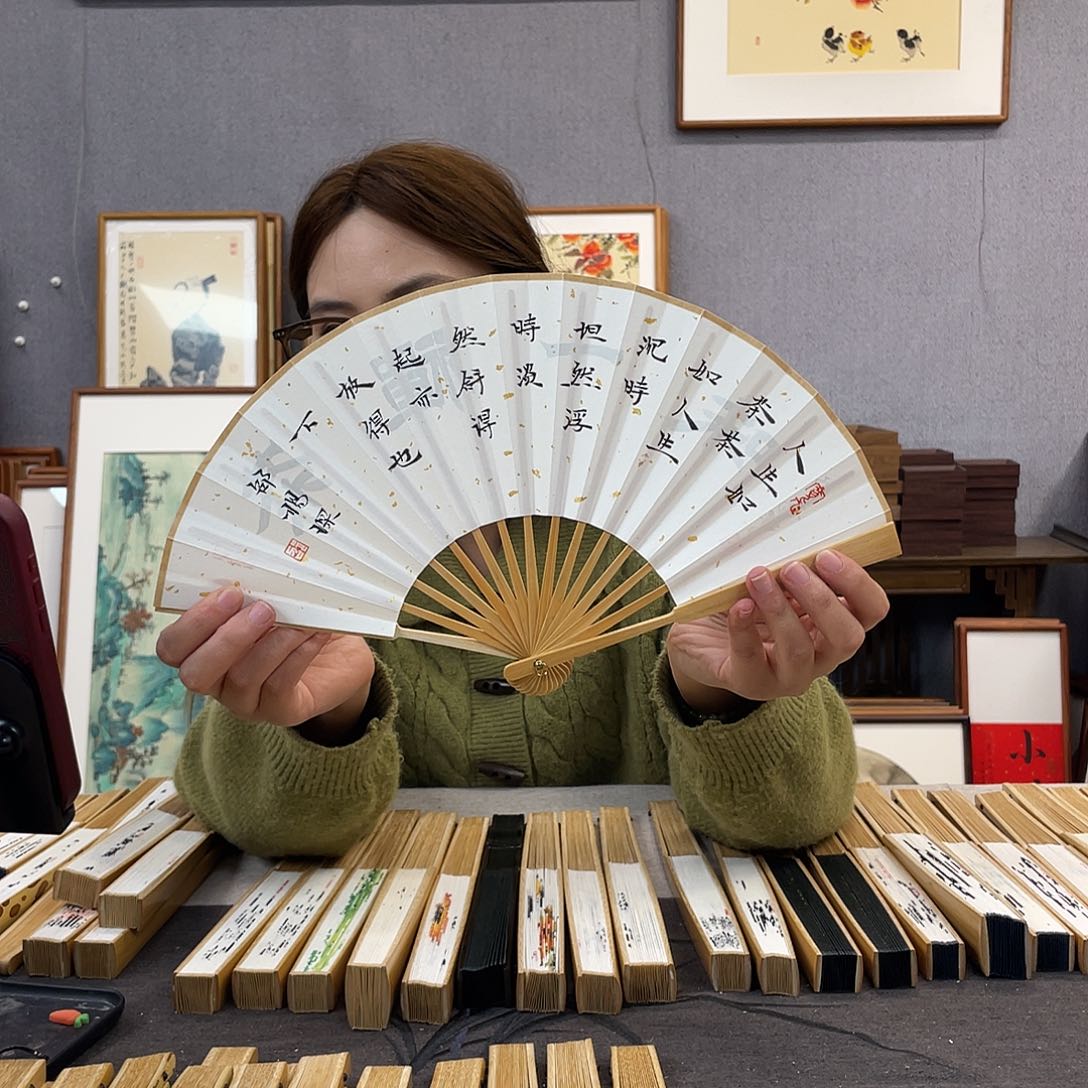 国画6寸玉竹-纯手绘-文玩扇骨（默认粘好）