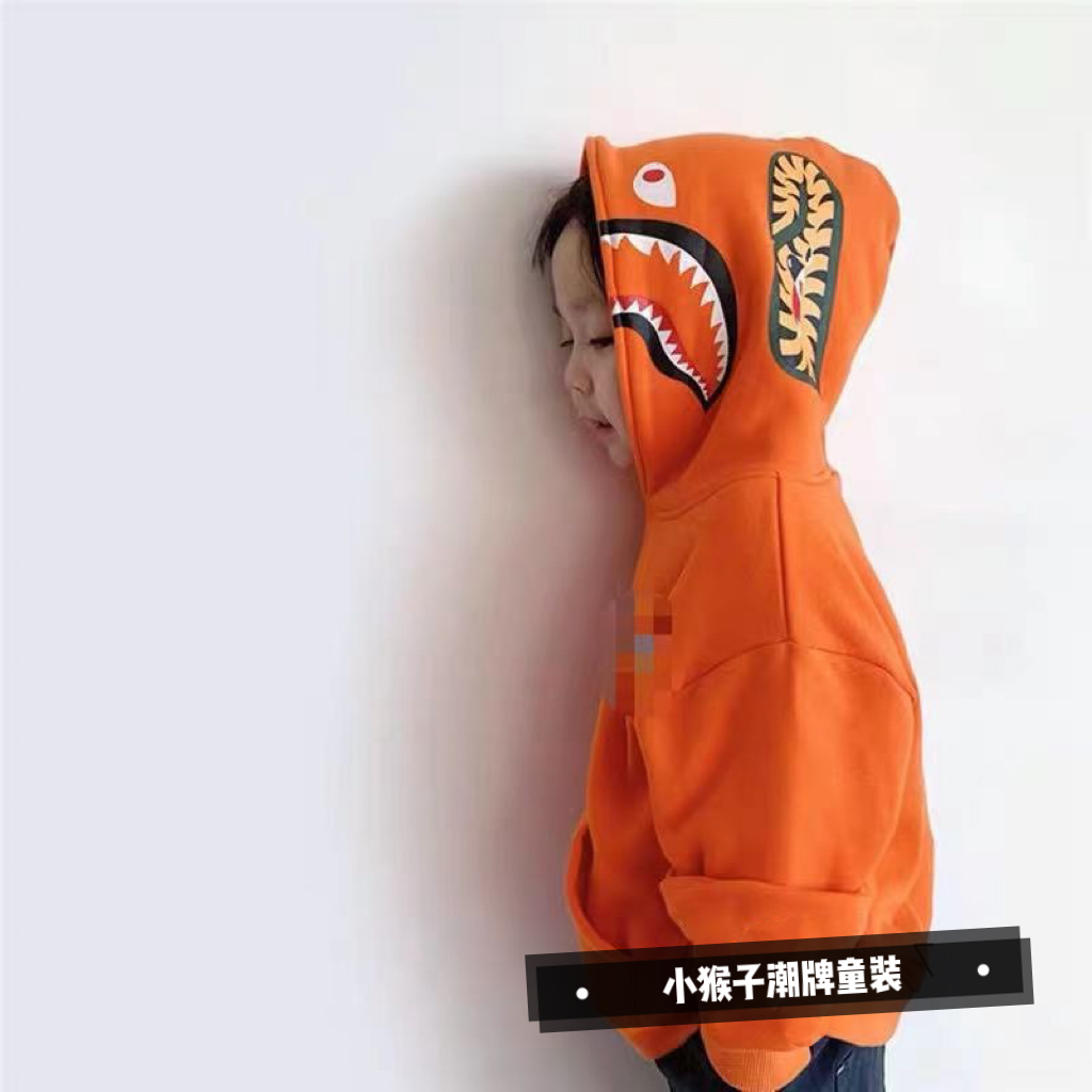 6003【鲨鱼小帽】儿童一体绒连帽洋气宝宝连体印花带帽卡通卫衣