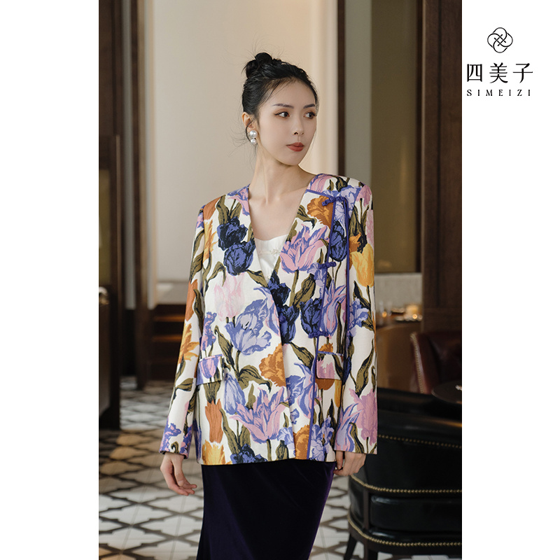 四美子咏叹调国风新中式2024春秋新款女士西服外套印花小香风西装