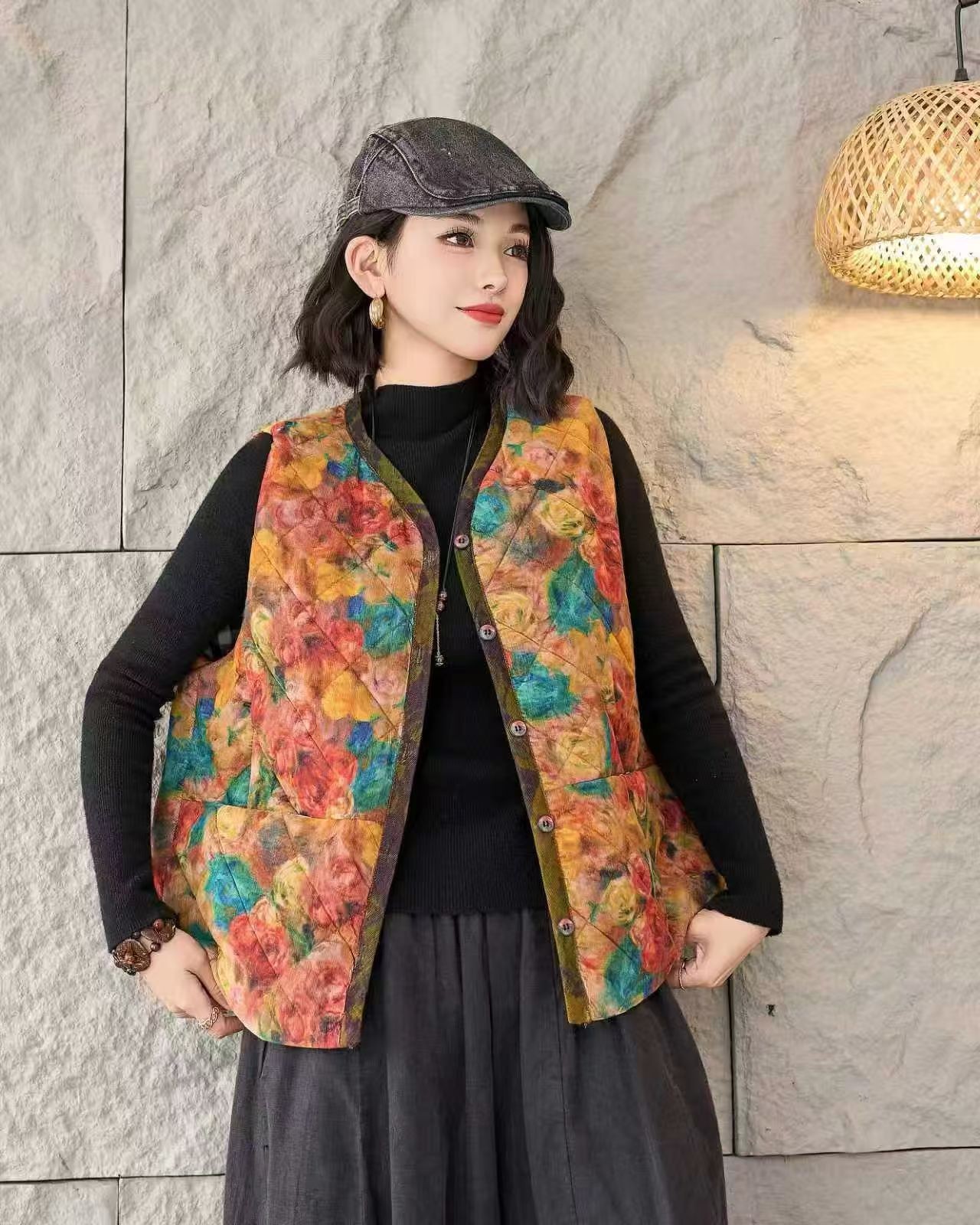 1016秋冬新款夹棉马甲碎花里千鸟格宽松时尚百搭洋气女装复古马夹