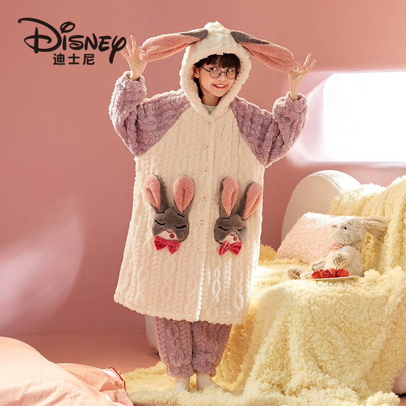 Disney/迪士尼朱迪女童珊瑚绒睡袍套装加绒外穿中长款家居服4158
