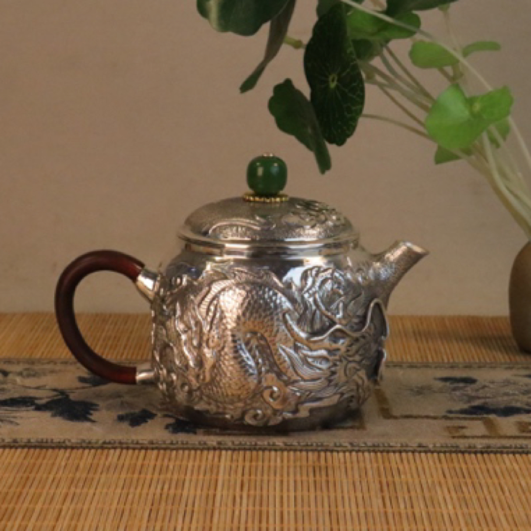 手工一张打足银泡茶壶家用银壶复古龙行天下泡茶壶中式复古
