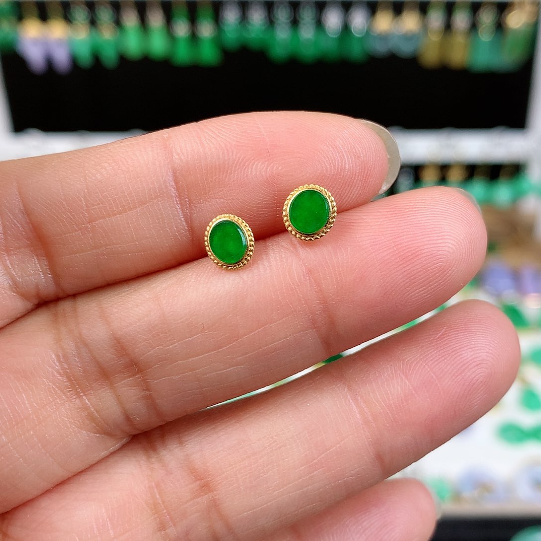 翡翠耳饰18K金镶嵌小****猫