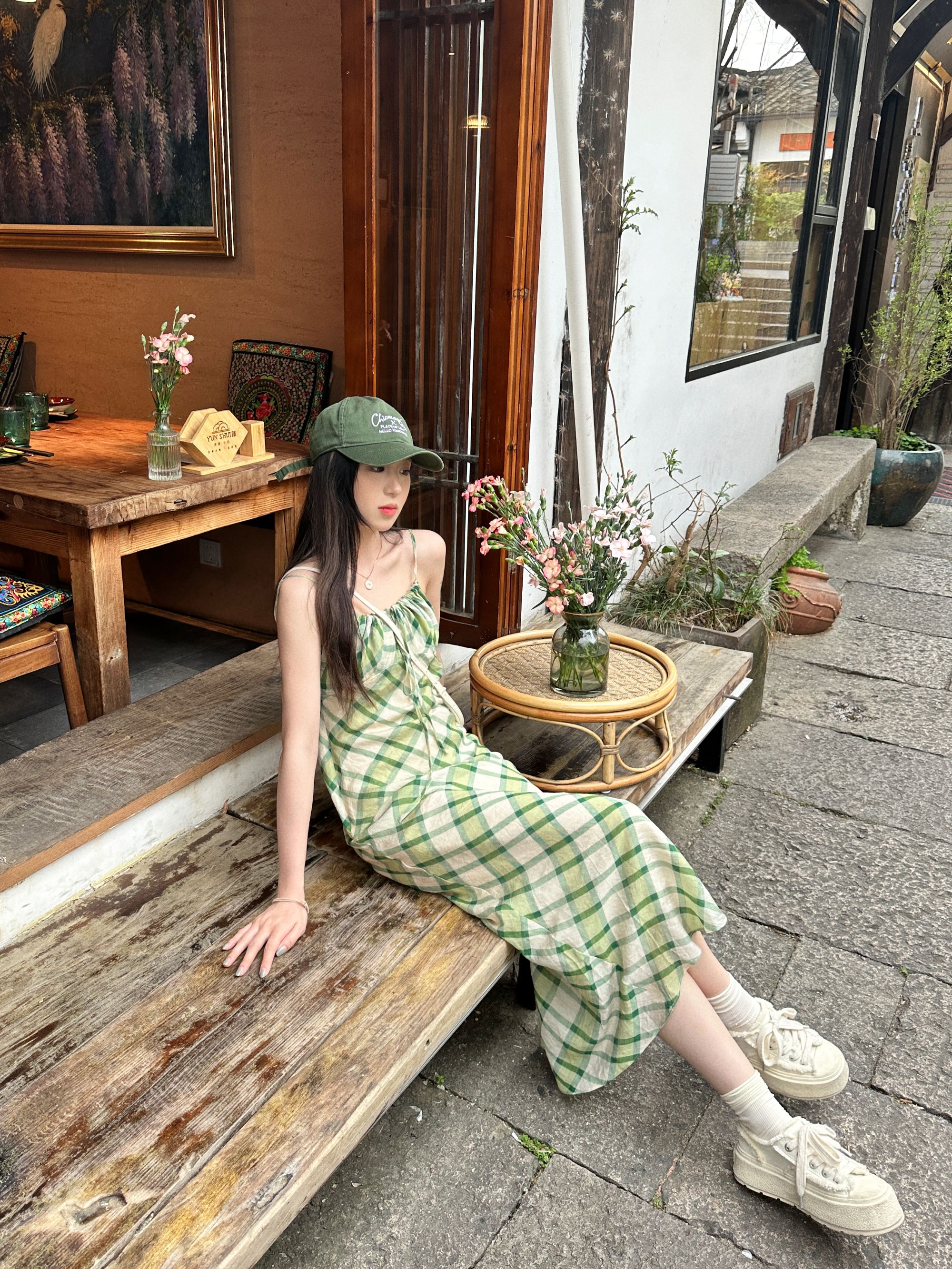 【Glozzzz】夏季系带格子连衣裙收腰修身度假无袖吊带裙880409