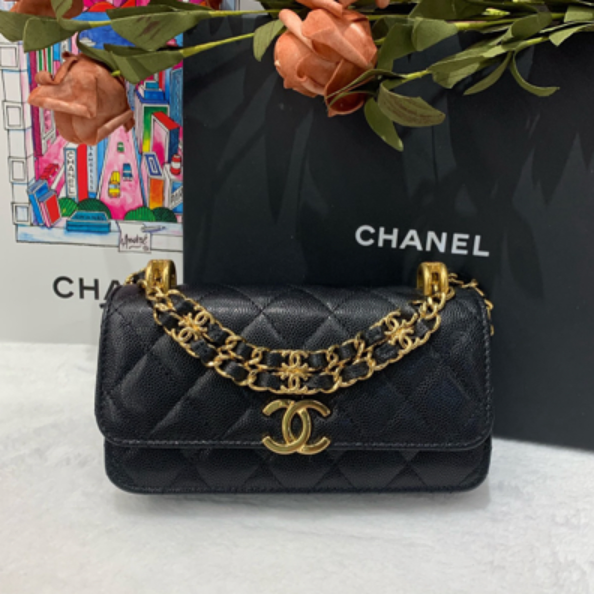 99新 Chanel/香奈儿 22K黑金荔枝牛皮双链条woc包