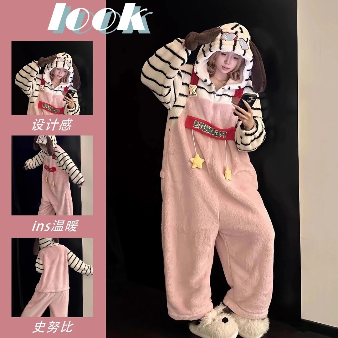 可爱卡通睡衣女冬季史努比连体睡衣学生连帽加厚珊瑚绒加绒家居服