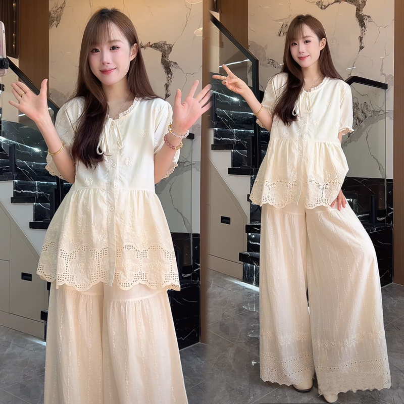 孕妇套装夏季新款小个子宽松蕾丝短袖孕妇上衣波点时尚孕妇半身裙