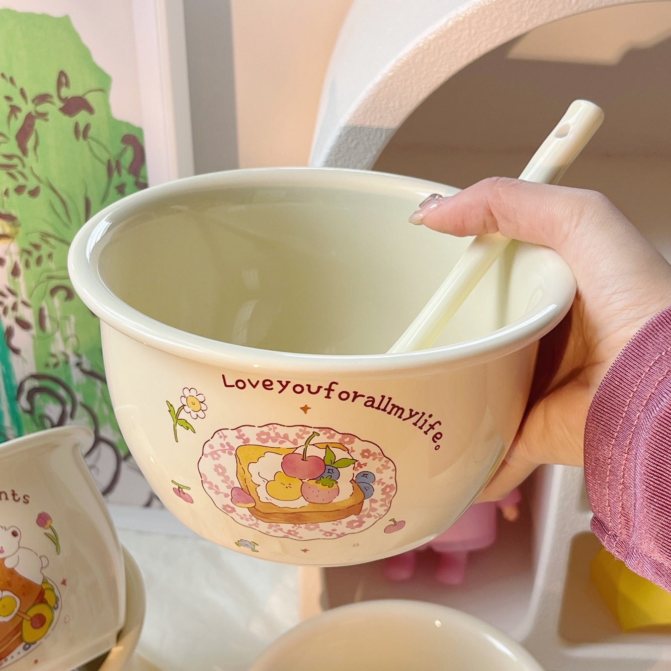 【两碗】奶油熊仔陶瓷汤面碗大容量泡面碗沙拉碗ins少女心学生可爱