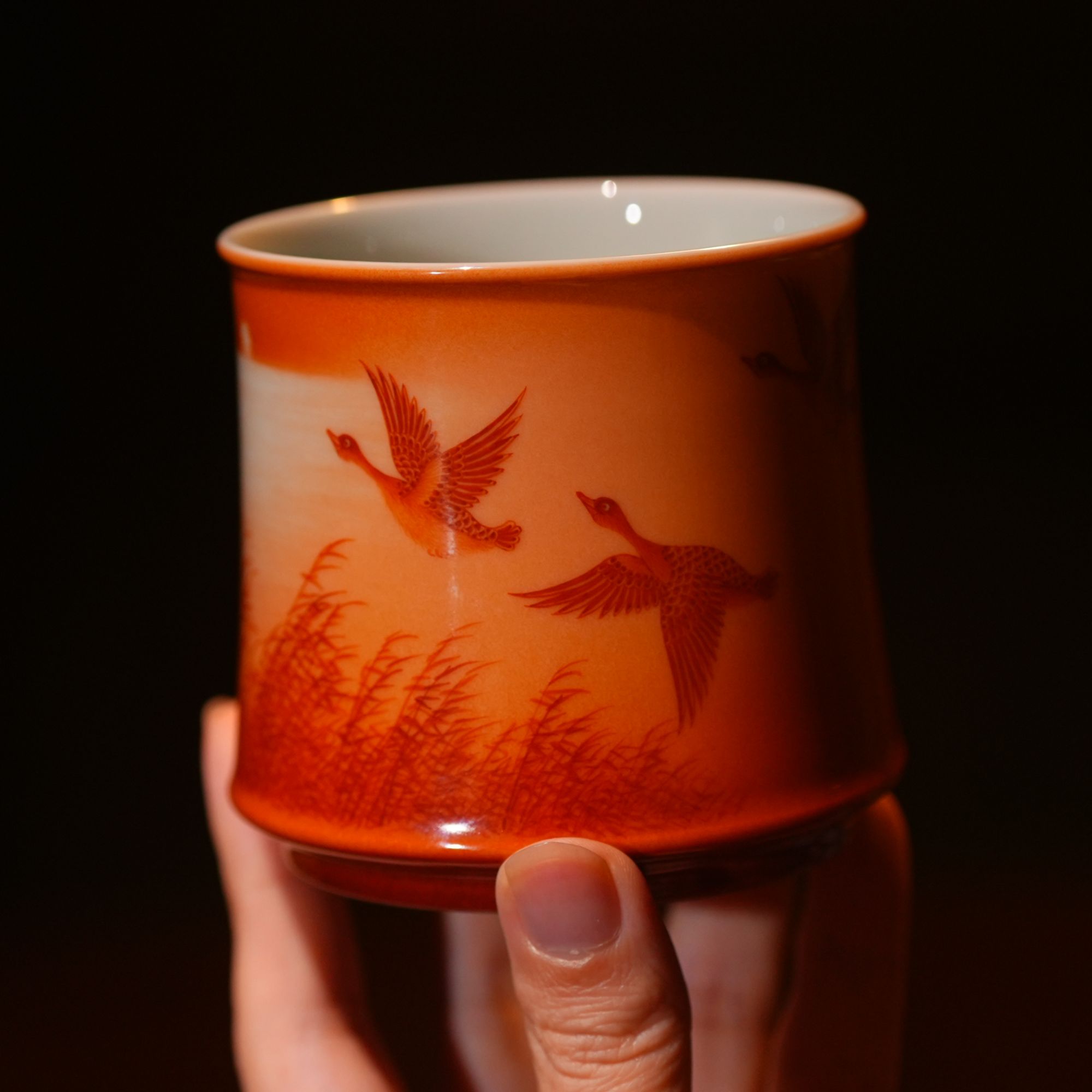 团窑矾红彩落霞孤鹜一统杯纯手工茶具威士忌杯主人杯23年十年之约