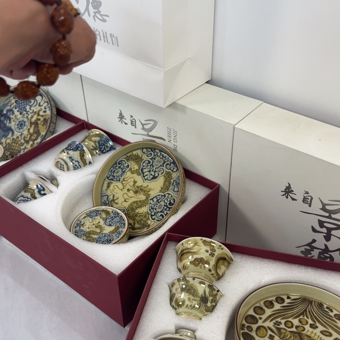 陶摆件釉里金鱼藻纹五件套