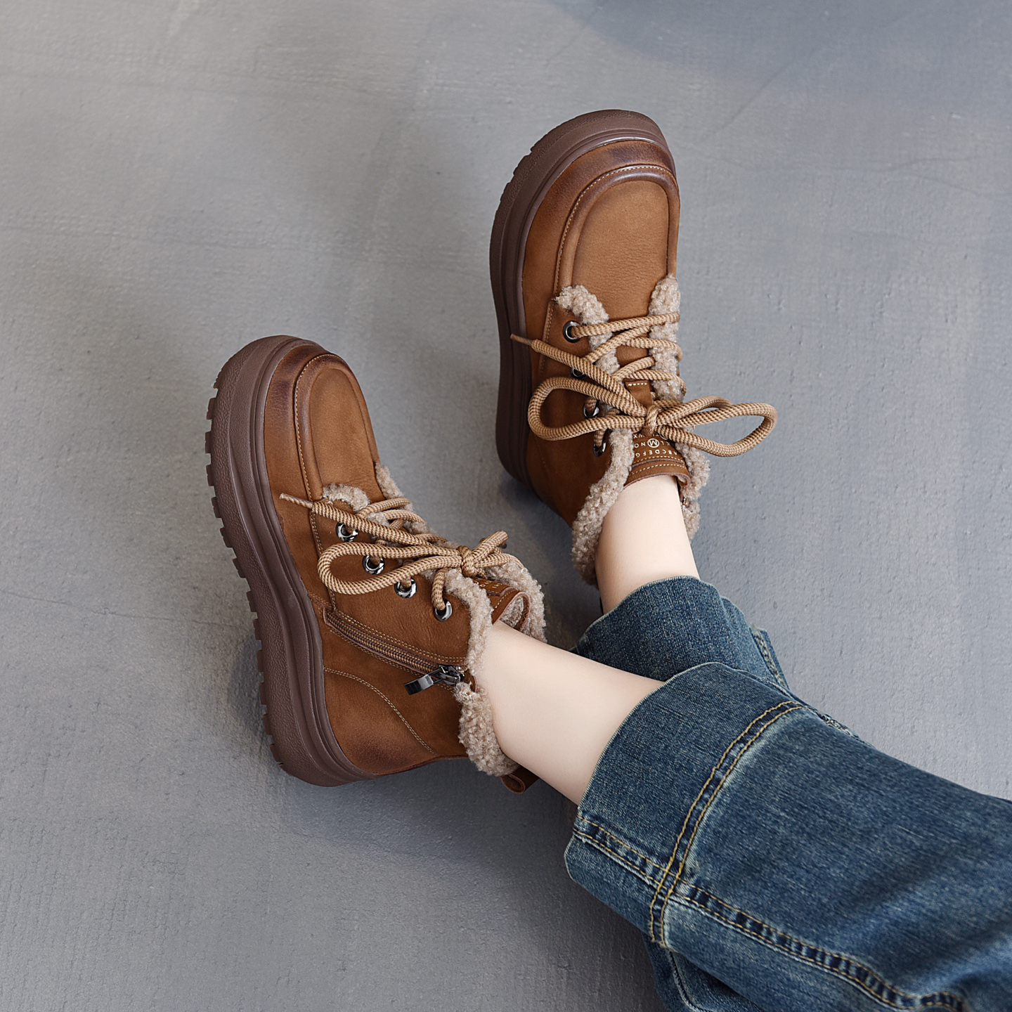 短靴平底粗跟系带防滑厚底平跟中跟休闲风冬季单靴