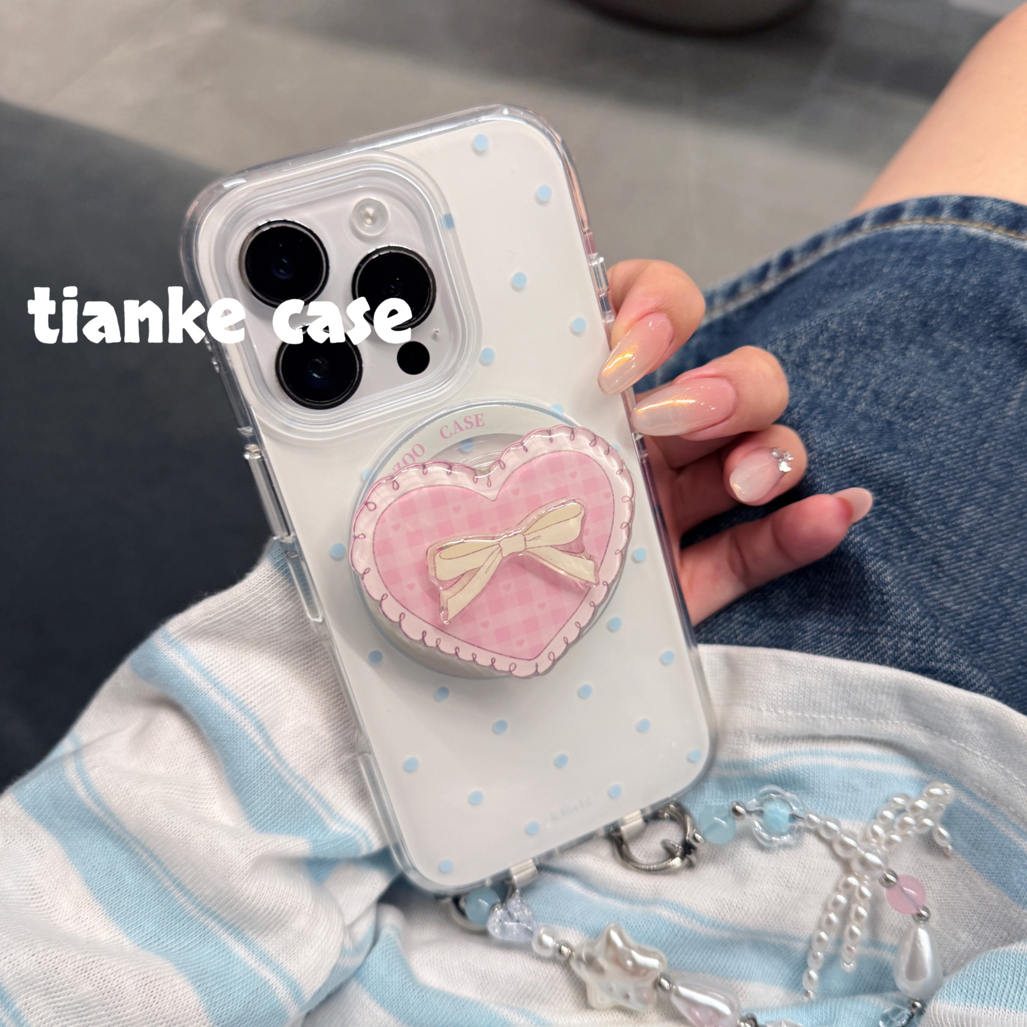 【适用苹果】ins韩系少女蓝白波点爱心支架双层圆边亮面磁吸手机壳