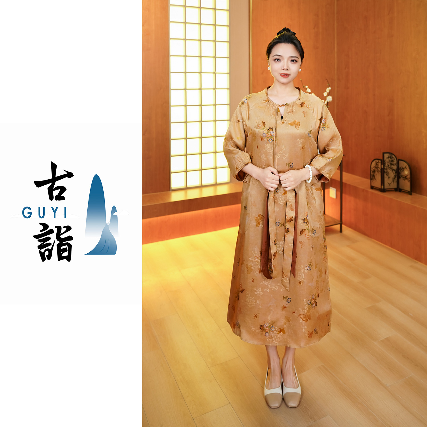 【翩跹】100桑蚕丝红云纱花罗葫芦领连衣裙 