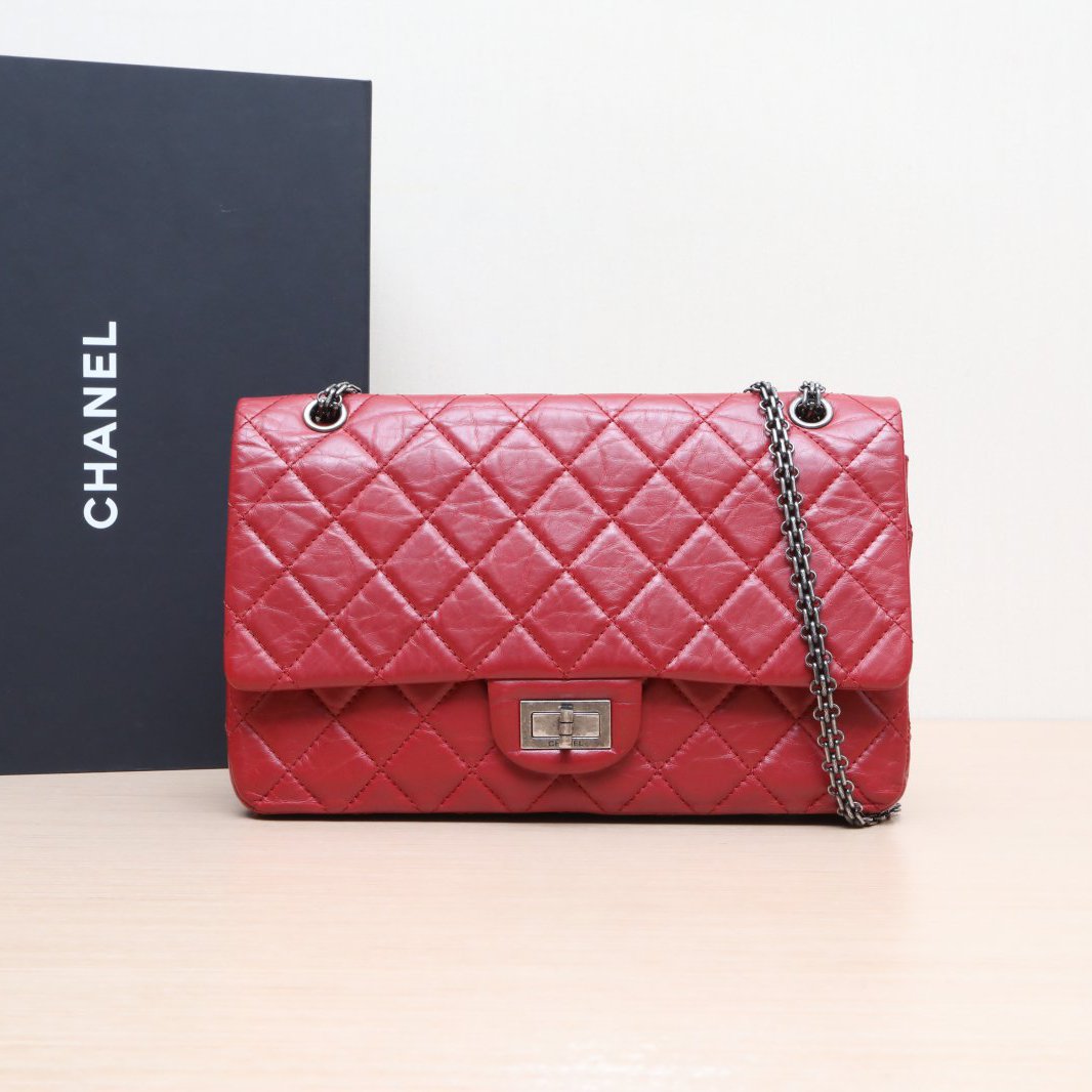 95新 Chanel/香奈儿 小花双双 红色 皮革C 16开 2.55口盖包 MAXI