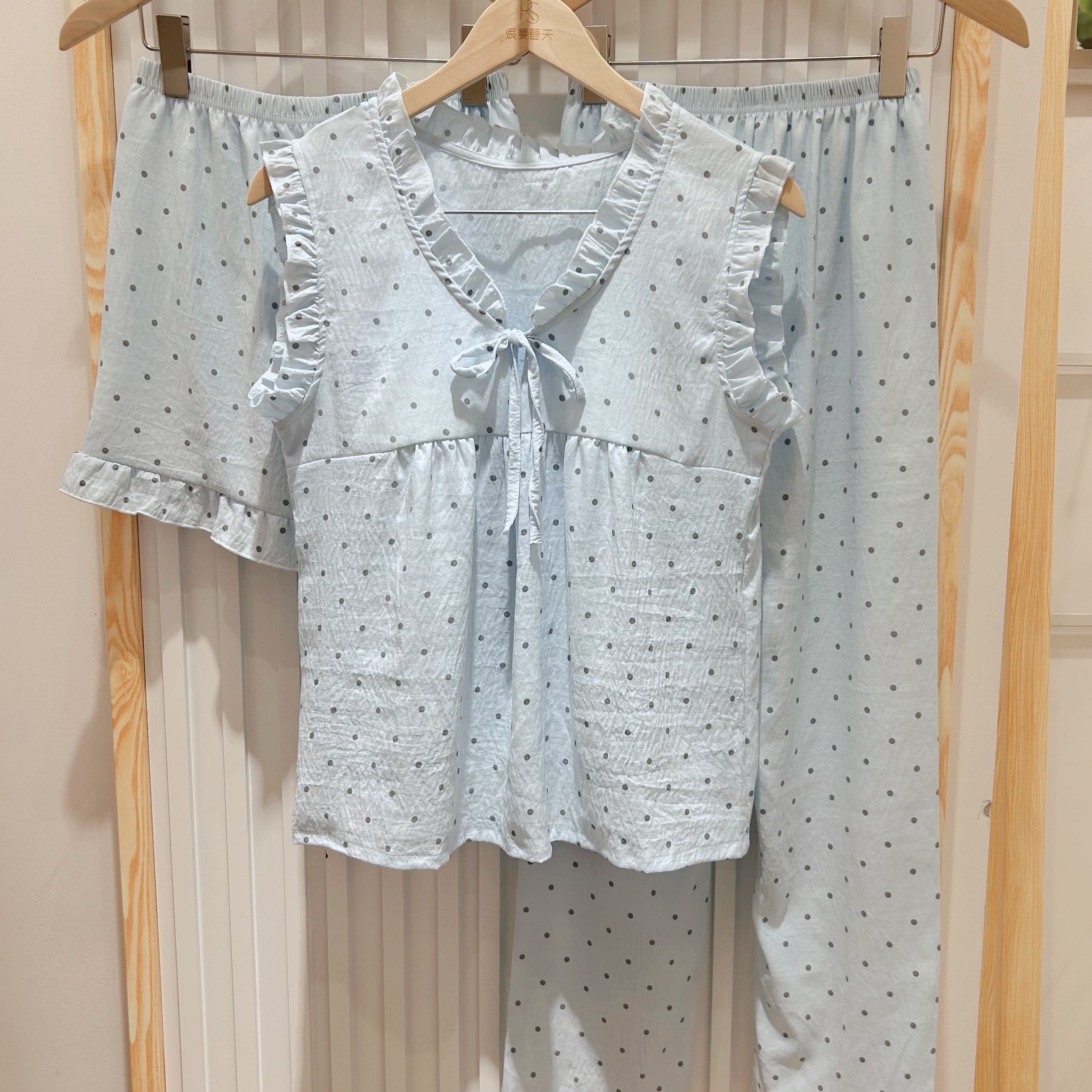 夏季荷叶边波点背心三件套带杯垫睡衣优雅绵柔透气舒适女套装2385
