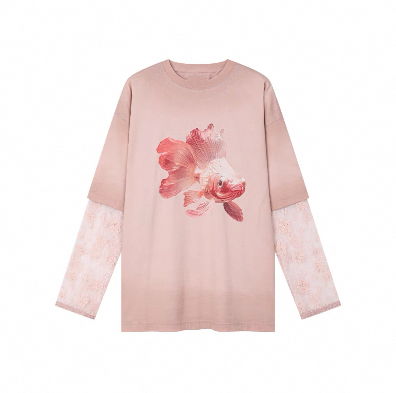 【天使】2025新款春季金鱼印花假两件长袖T恤宽松上衣时尚