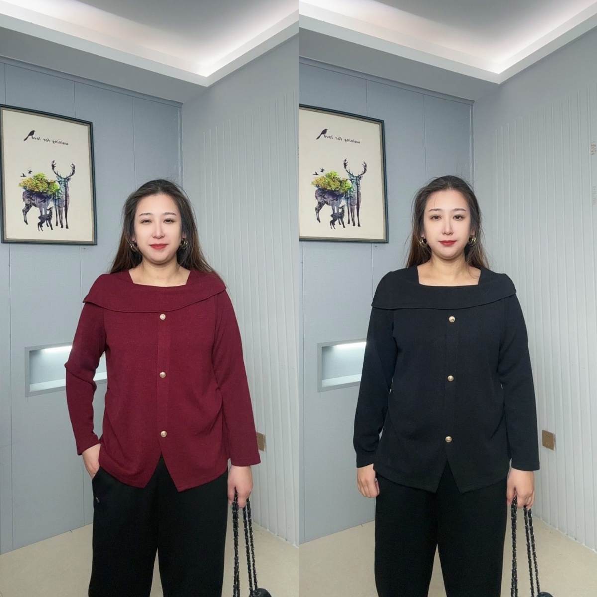 春季新款时尚百搭纯色纽扣洋气方领大码显瘦打底衫34165