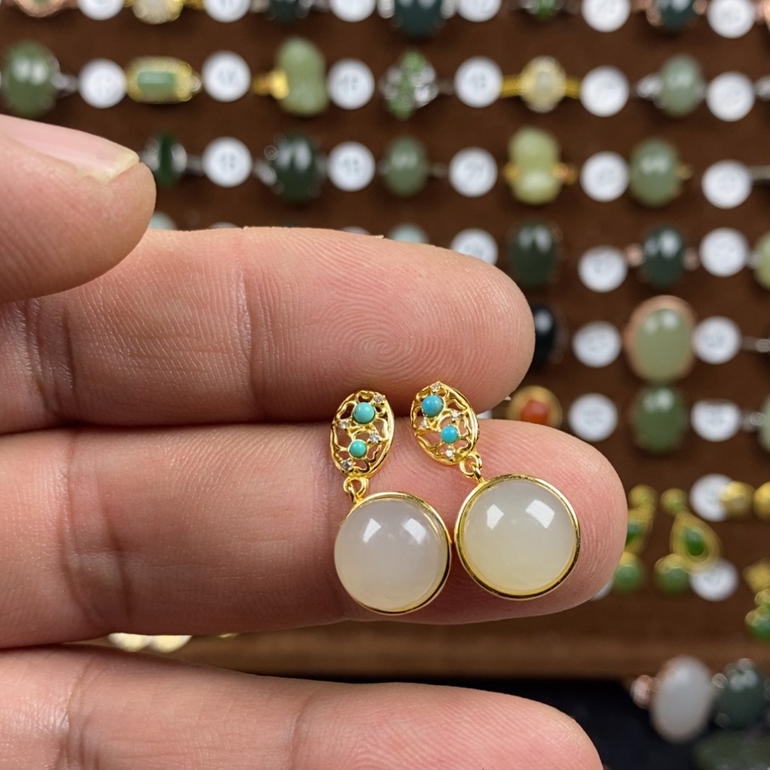 和田玉（青白玉）戒指银S925镀金镶嵌