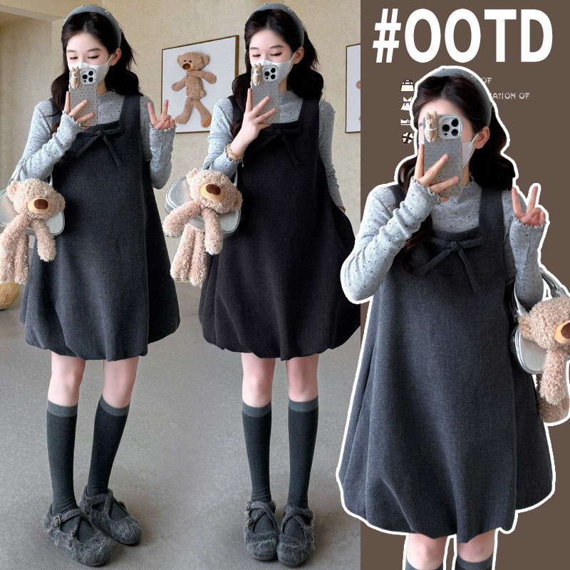 孕妇装春秋季新款毛呢孕妇花苞裙打底衫孕期穿搭漂亮裙子孕妇套装