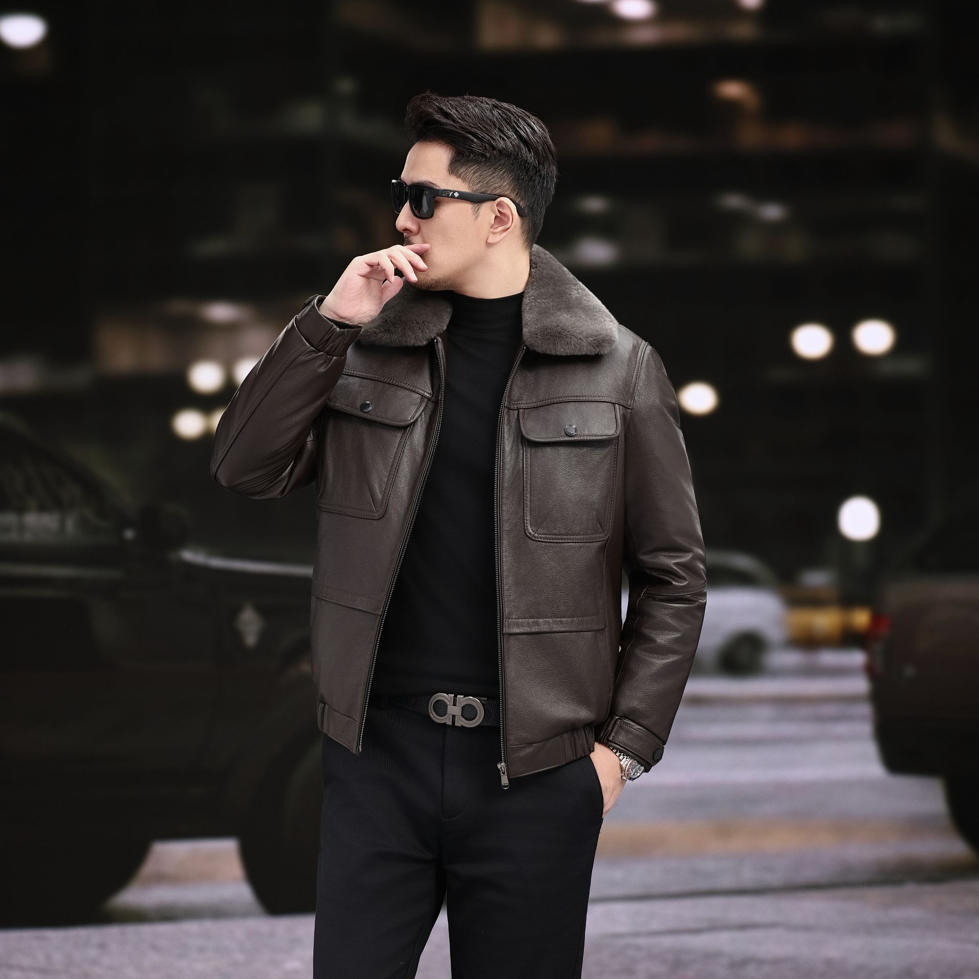 【100%真-头层小牛皮】升级版 棕色男真皮皮衣可拆卸毛内胆加厚外套