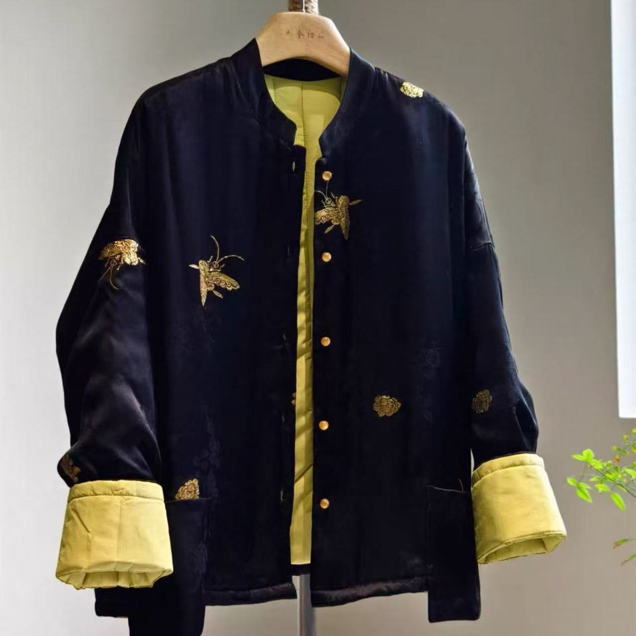 重工蝴蝶刺绣老钱风大码盘扣丝滑立领禅意轻奢改良棉服上衣F41 45
