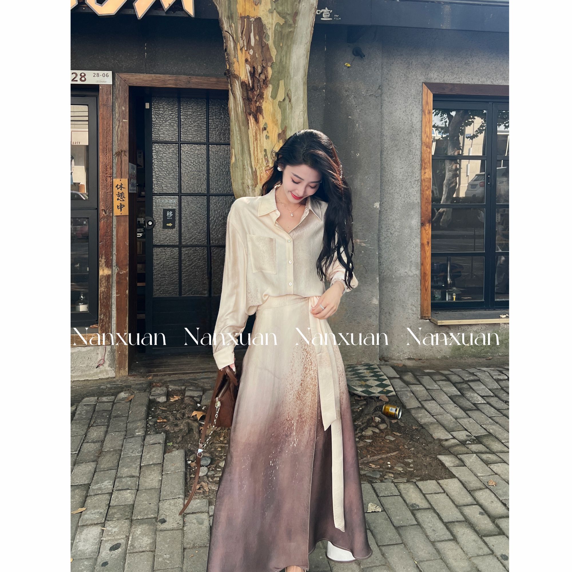 【南萱】【琥珀套装】清冷新中式女春秋衬衫半身裙套装5QTYZ10195