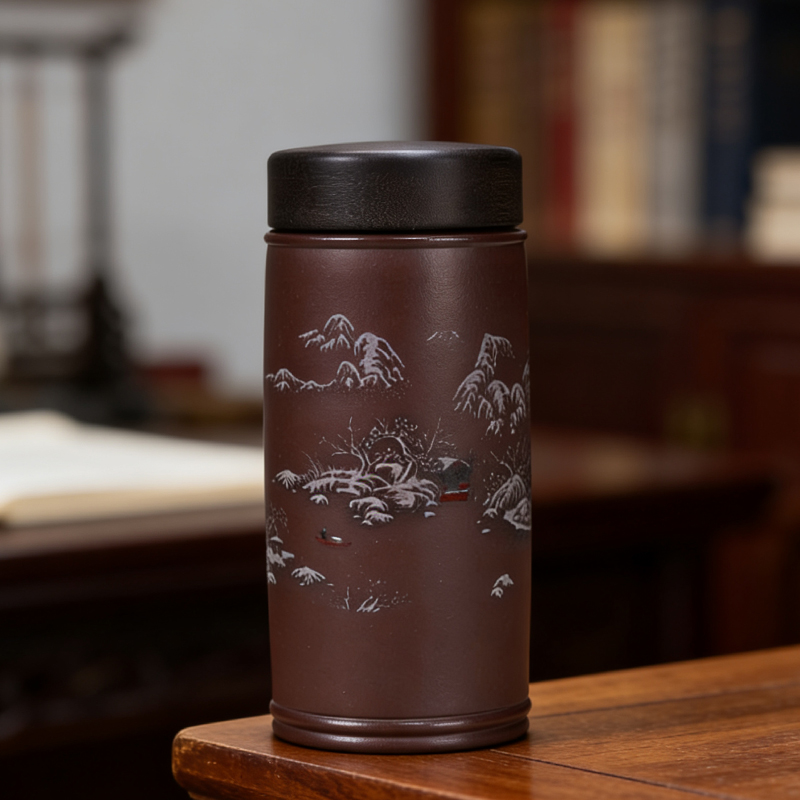 龙血砂（江雪）双层宜兴紫砂便携杯直筒养生杯