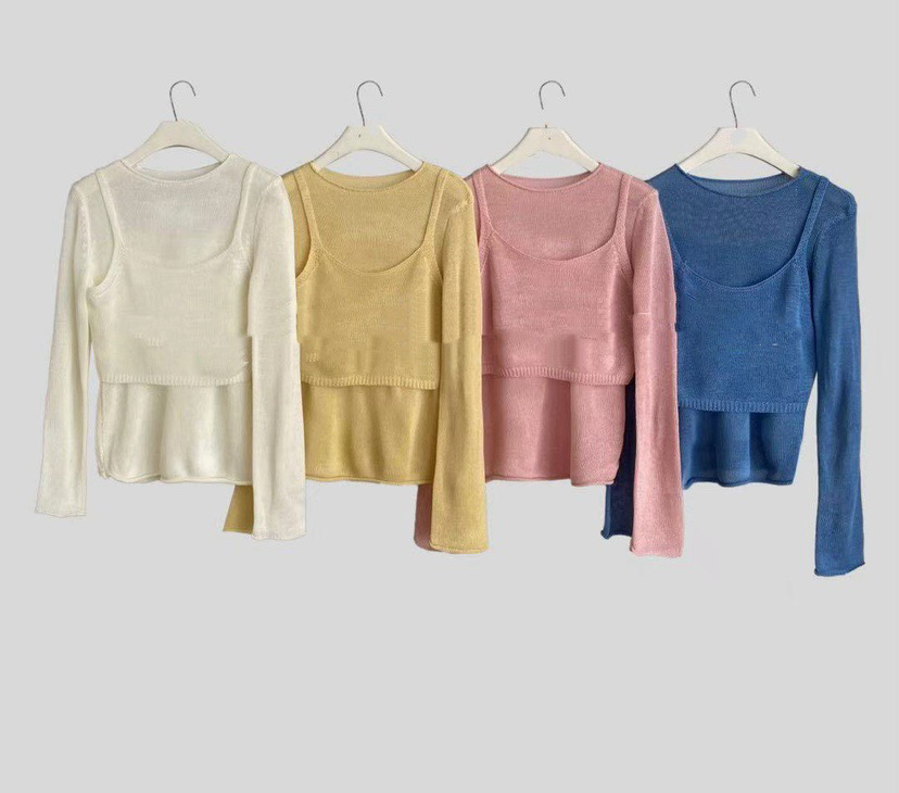 春季新款韩版纯色修身针织长袖打底衫搭配外搭吊带背心