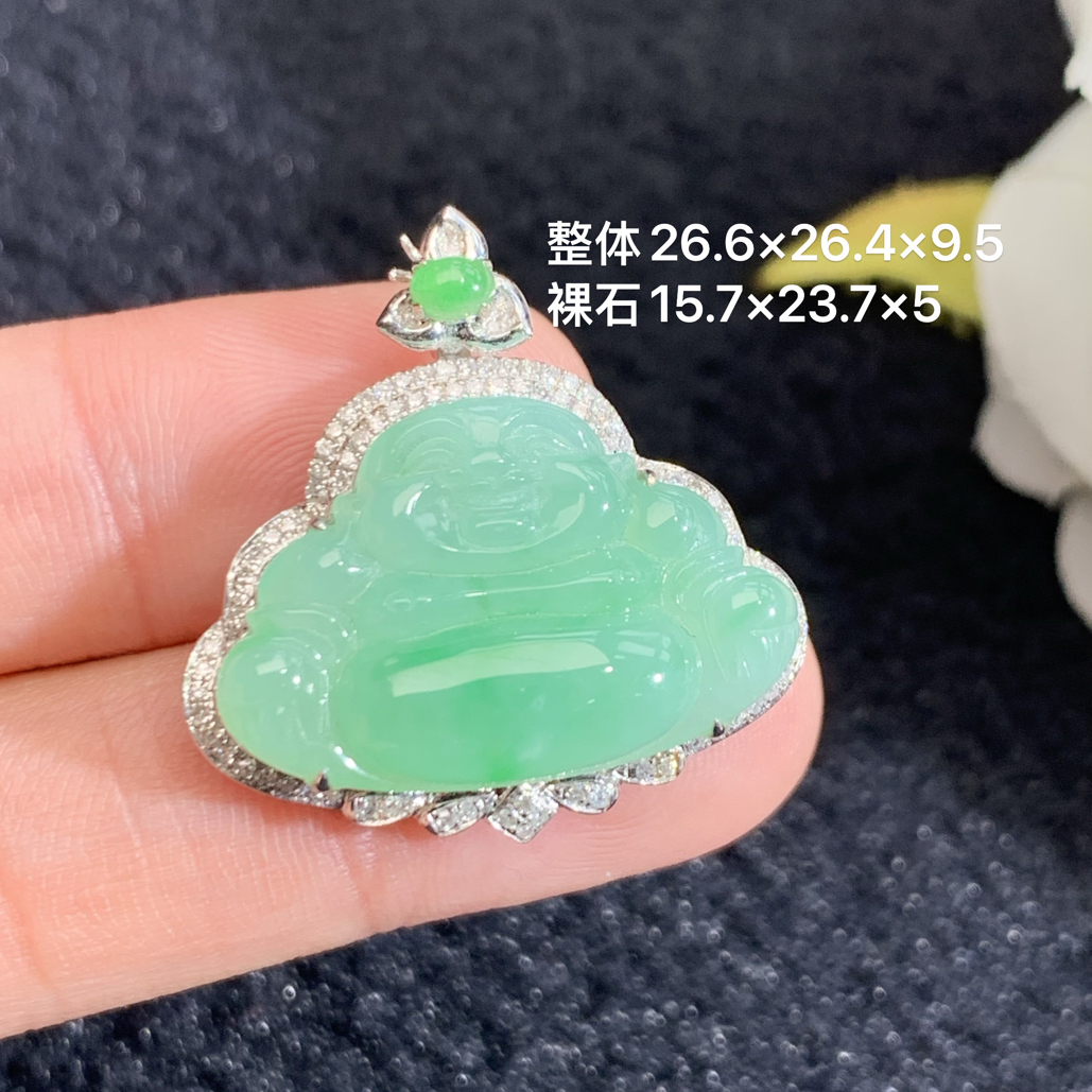 18k金镶嵌天然缅甸A货翡翠阳绿佛公26.6-26.4-9.5/15.7-23.7-5