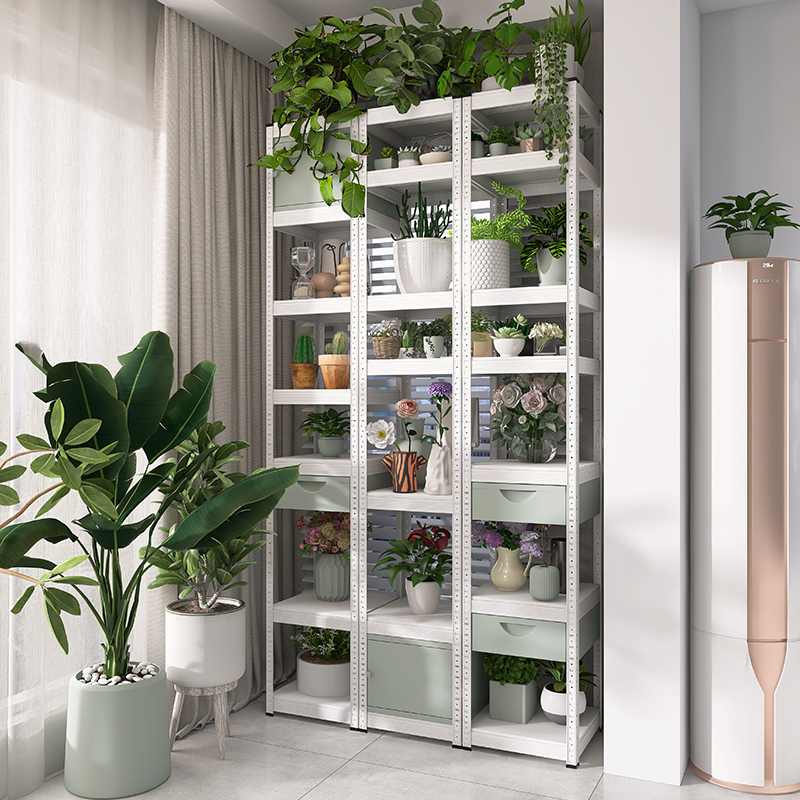 白色碳钢七层家用阳台置物架带灰绿抽屉柜门加高杂物花架储物架