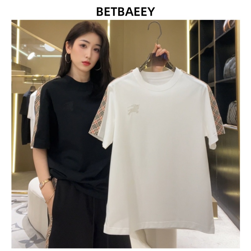  【高端定制】肩袖格子BB战马潮牌男女时尚休闲宽松圆领短袖T恤0013