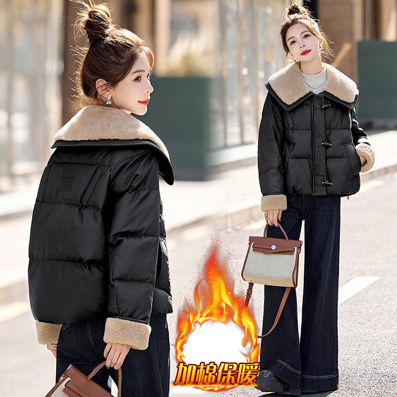 时尚拼接大翻领棉服女2025年冬季款宽松休闲韩版百搭短款外套