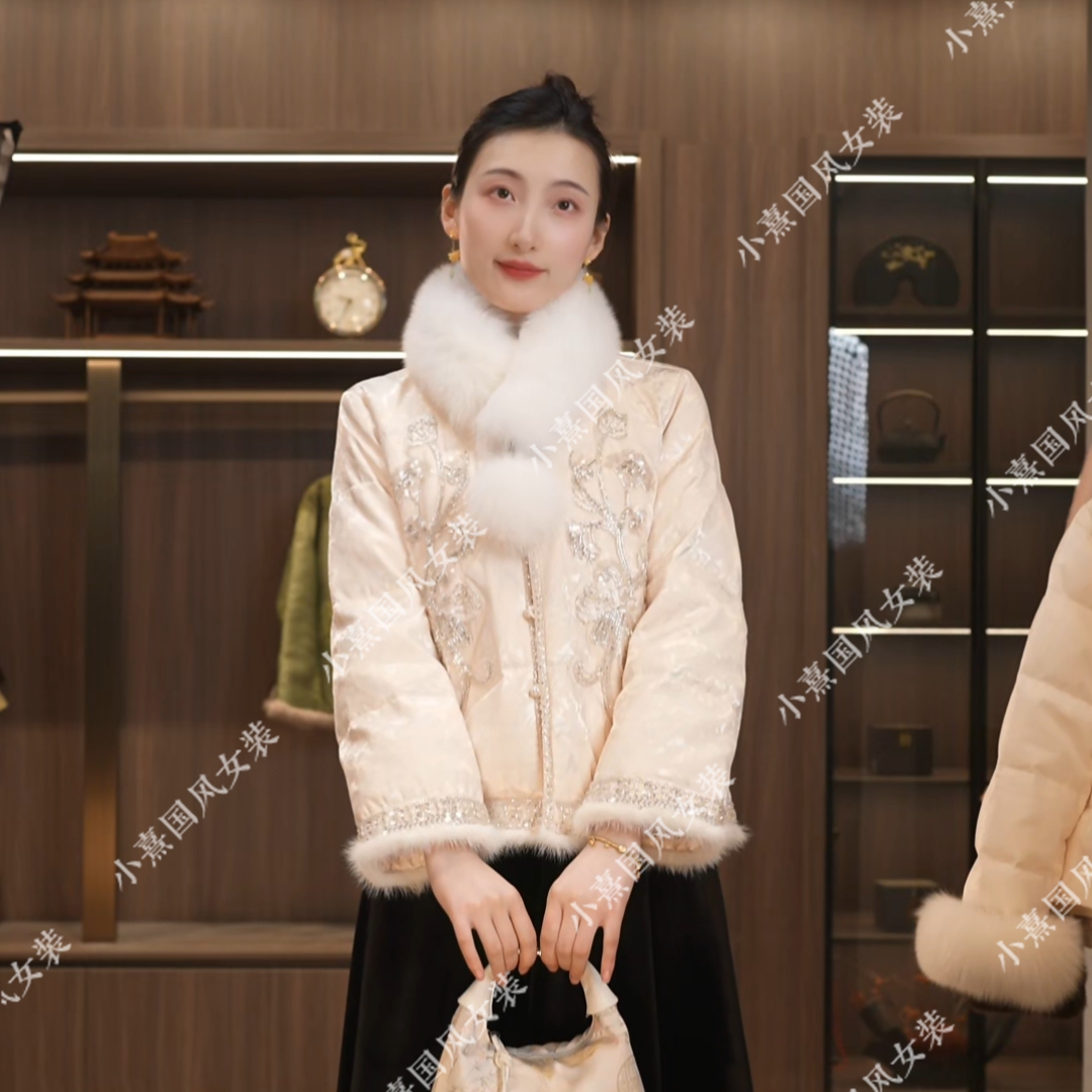 【漫花甜茶】2025新款新中式羽绒外套女式宽松白鸭绒国风上衣羽绒服