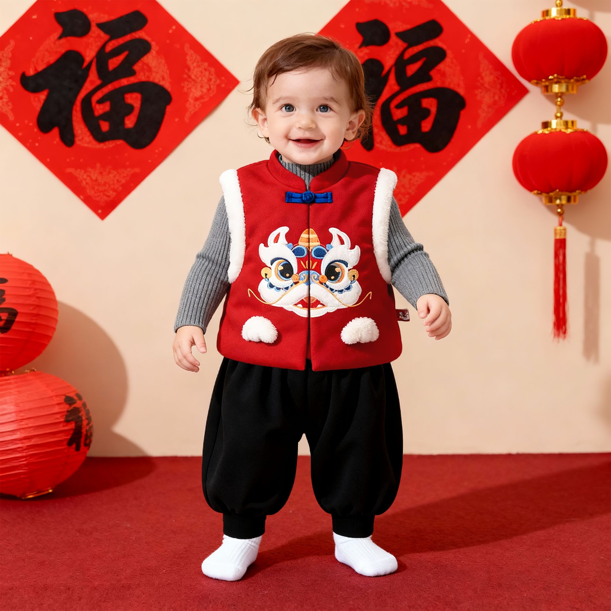 现货！【潘先生高定】狮狮如意婴儿拜年马甲中式过年喜庆夹棉背心